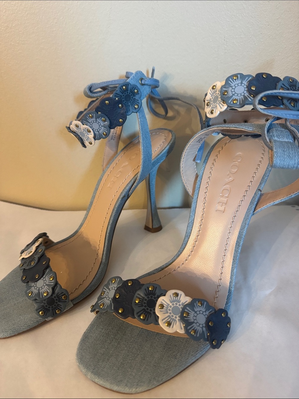 Coach Light Blue Denim Floral Applique Lace-Up Heels